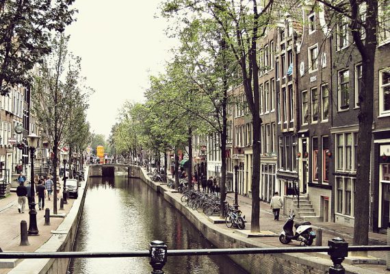 This is one of the many winding canals in Amsterdam.